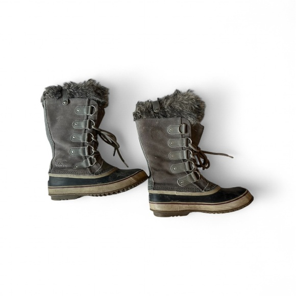 Sorel Charcoal and Black Winter Boots with Faux Fur - decorative button missing - Picture 6 of 7